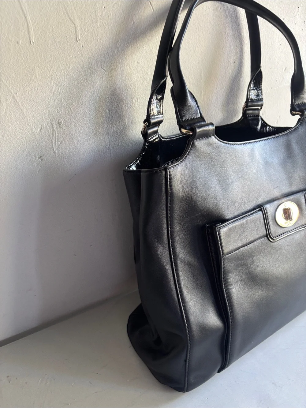 Classic Black Leather Tote with Turn-Lock Closure